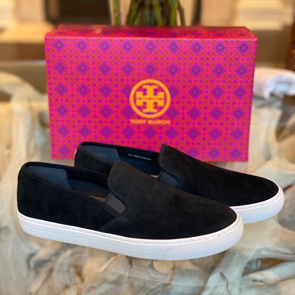 Tory Burch Black Suede Slip-On Sneakers with White Sole NO BOX LIGHTLY USED